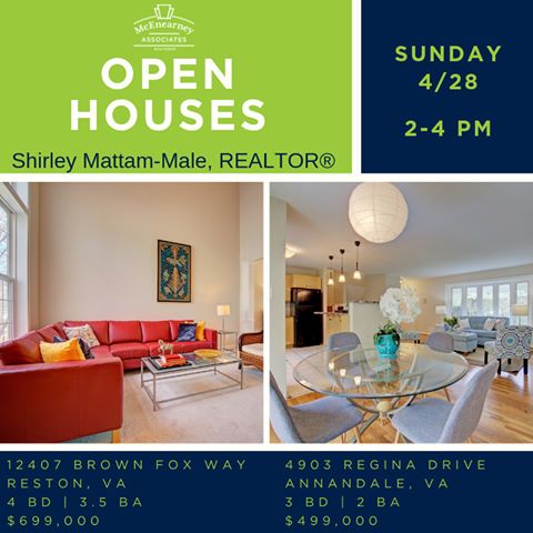Come and take a 👀look at one (or both!) of these lovely homes today from 2-4 PM. 
12407 Brown Fox Way | Reston, VA
$699,000
•
4903 Regina Dr. | Annandale, VA 22003
$499,000
Shirley Mattam-Male - Realtor?
McEnearney Associates
571-220-9481
#Openhouses #NoVA
•
•
•
•
•
•
•
#northernvirginia
#annandaleva
#restonva
#openhousesunday
#youreinvited
#yournewhome
#virginiarealestate
#newlistingalert
#fairfaxcounty
#virginialiving
#yourrealtor
#sellinghomes
#realestateforsale
#womeninrealestate
#homeandliving
#housegoals
#interiorlove
#beautifulhomes
