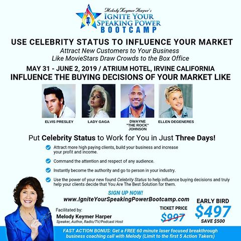 Influence the buying decisions of your market like these Hollywood Celebrities. This Bootcamp is for you if you want to Get More Cliens, Make More Income and Grow Your Business.
Grab my Early Bird Price of only $497 and save $500. 
Plus get a FREE 60 minute coaching call with me (limited to the first 5 Action Takers only). Sign up now at www.igniteyourspeakingpowerbootcamp.com and I'll see you on May 31st - June 2nd at Atrium Hotel in Irvine, California.
#hollywood #speaker #author #bootcamp #networkingevent #podcast #mentor #entrepreneur #businessprofessional #coach #expert