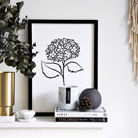 Sunday shelf perfection right here 🙌🏻 Thank you @white.grey.all.day for such a beautiful pic of our Hydrangea print 🖤🖤🖤 #zandelionnaturalwonders