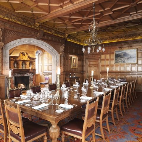 Eat dinner in Mr Carnegie's Dining Room, and you will be eating at the century-old table around which Andrew Carnegie and his guests used to dine. #skibocastle #thecarnegieclub #diningroom #castlediningroom #castleinterior #interiordesign #interiors #andrewcarnegie #historic #scottishhighlands #highlands